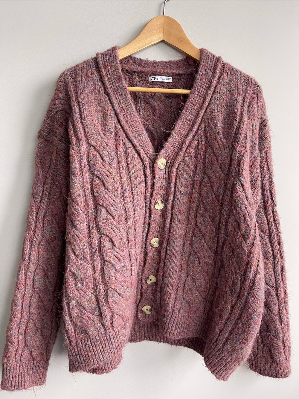 Zara Dusty Rose Heathered Cable-Knit Button Cardigan